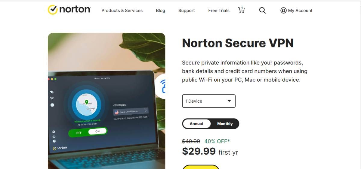 screenshot of norton vpn homepage