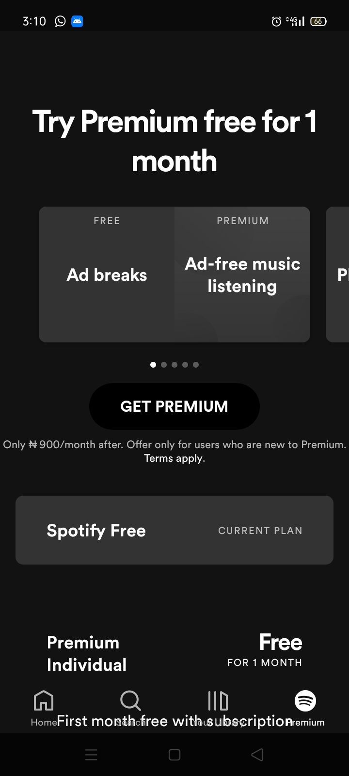 screenshot of spotify music subscription page