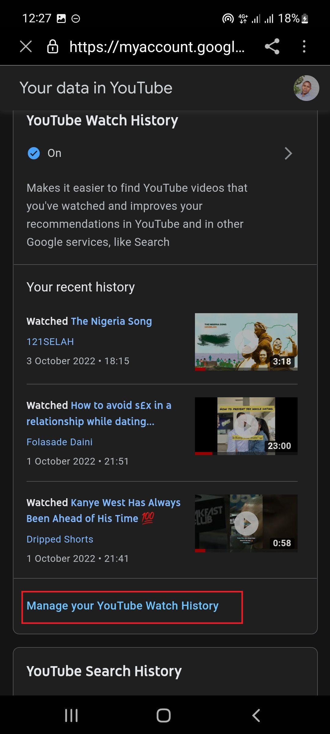 screenshot showing Your data in youtube page.