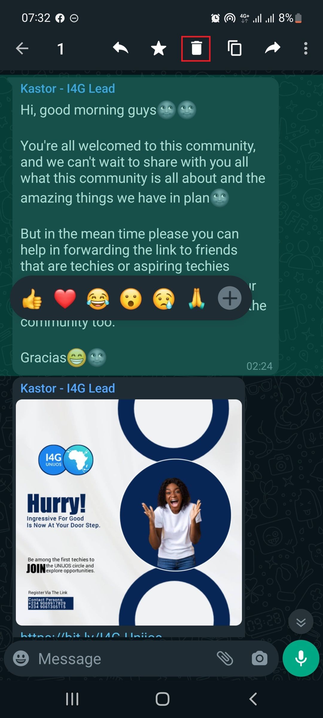 screenshot showing highlighted whatsapp chat