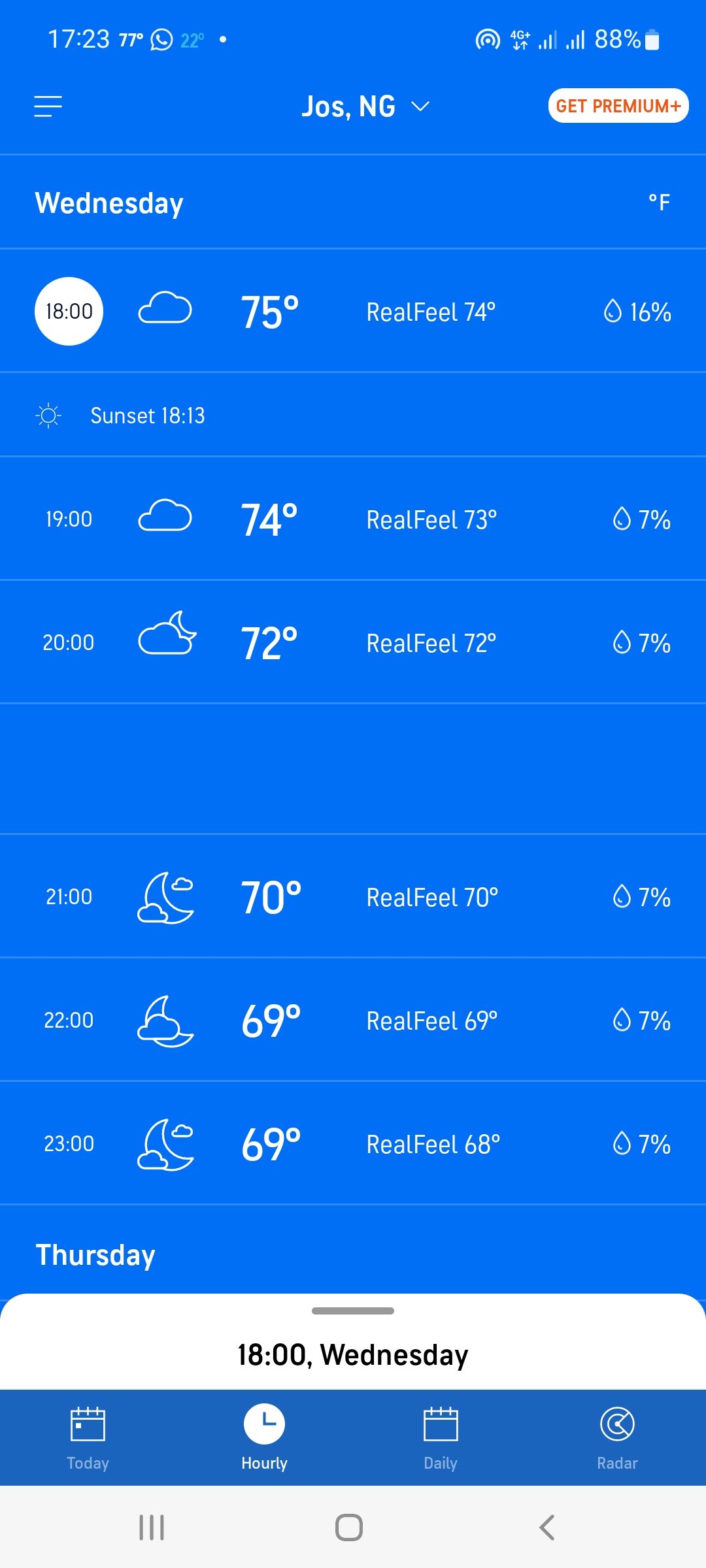 screenshot showing hourly forecast on accuweather