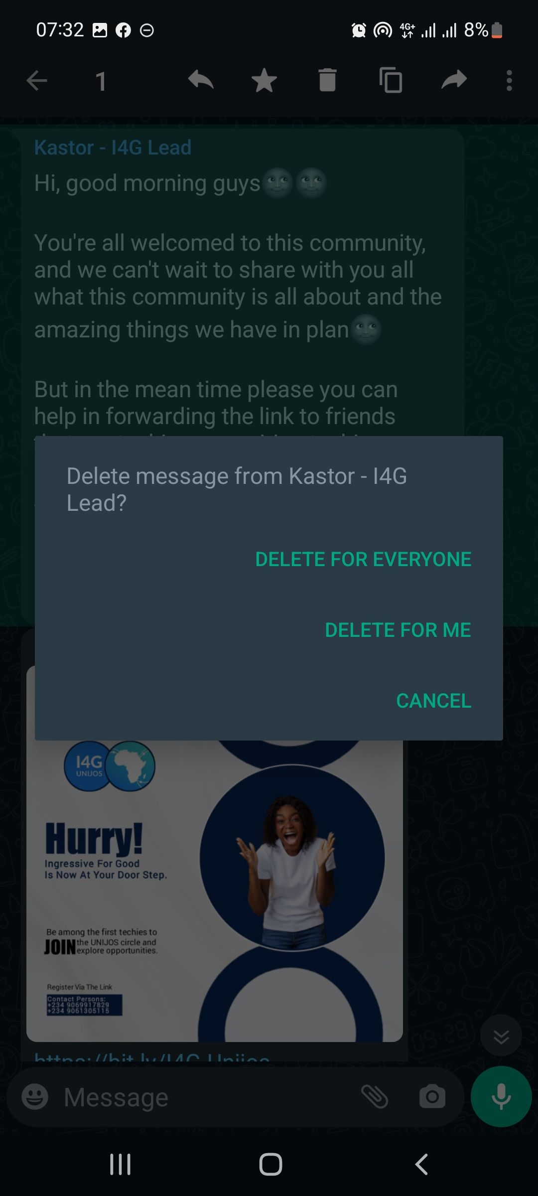 screenshot showing how to delete whatsapp group message