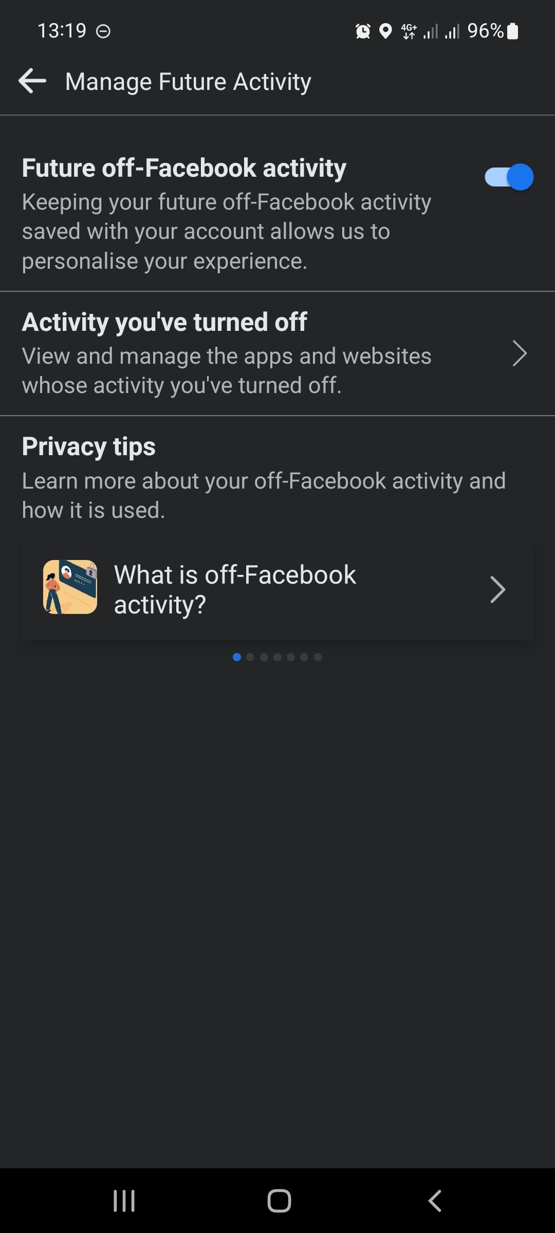 screenshot showing manage facebook activity toggle