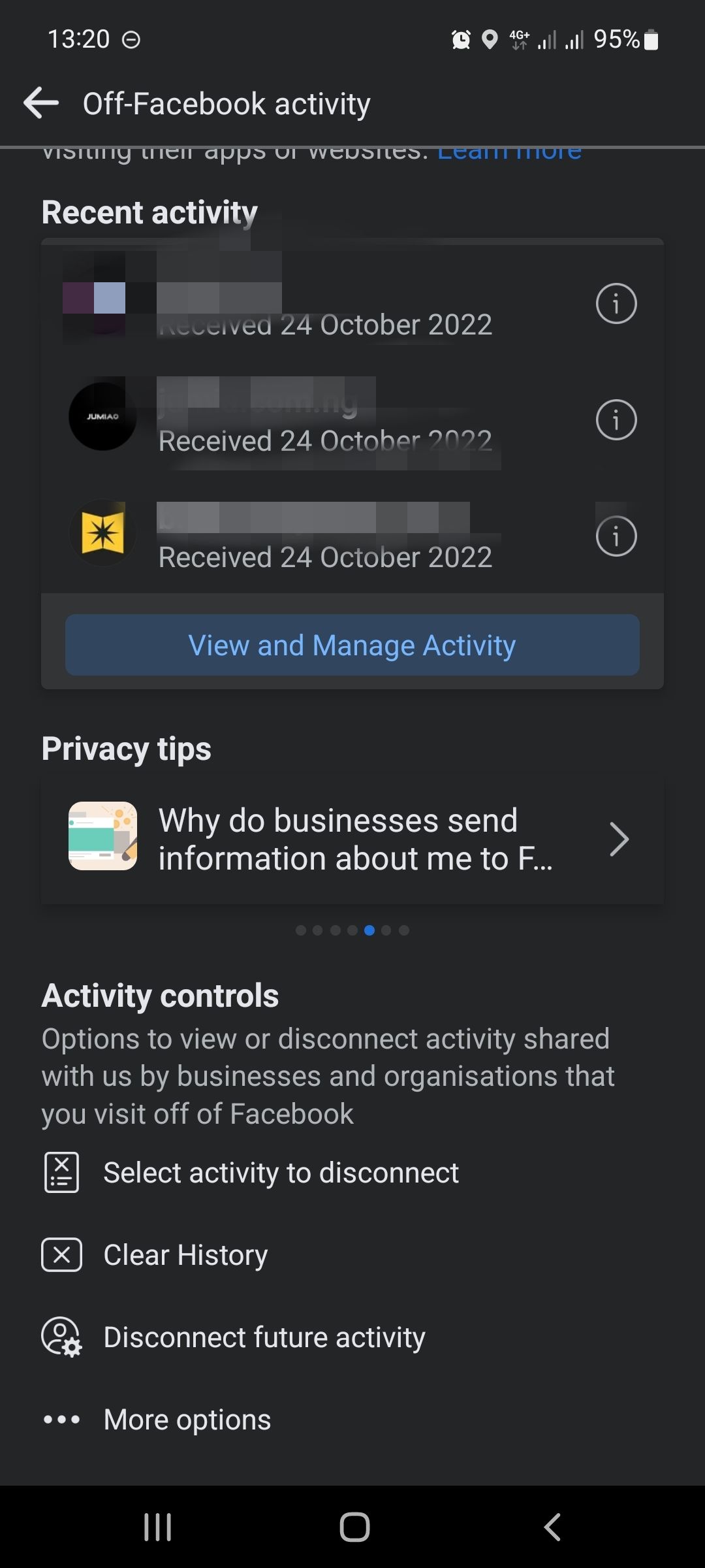 screenshot showing manage off-facebook activity page