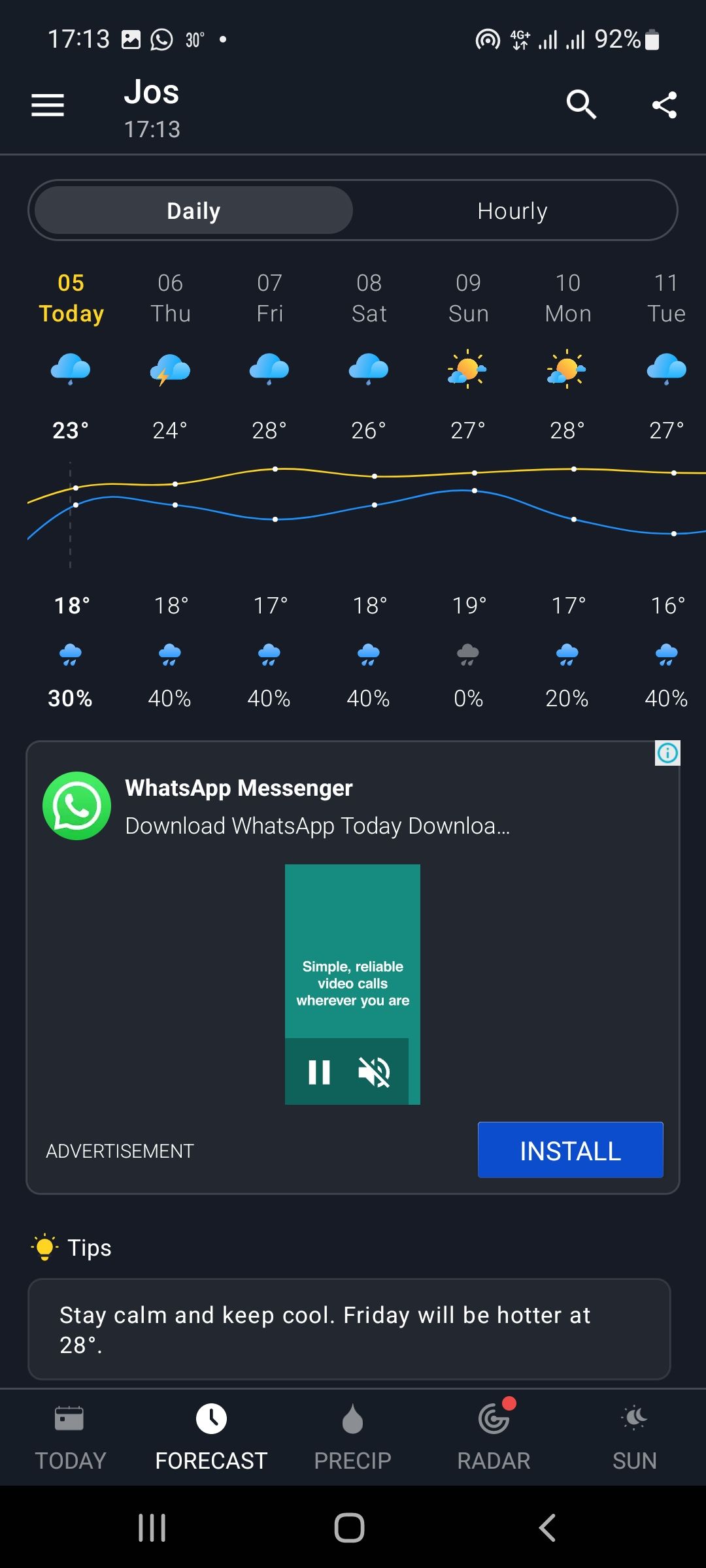 screenshot showing weather report on 1weather