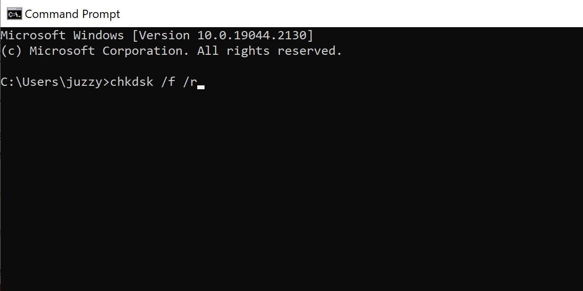 screenshot of checkdisk in command prompt