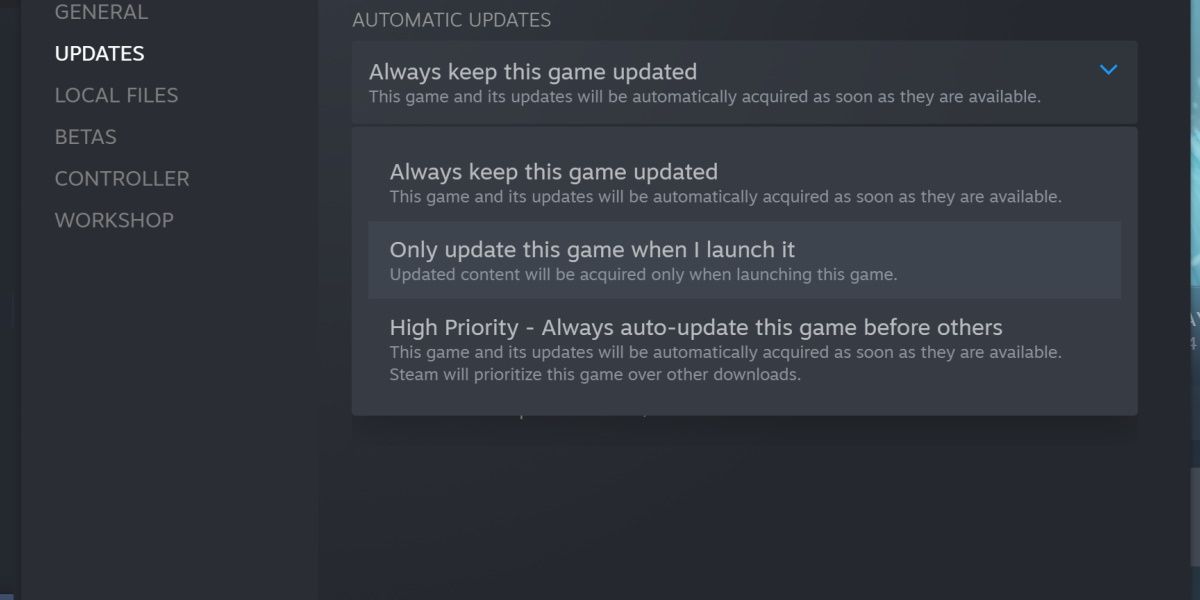 screenshot of setting update to optional on steam