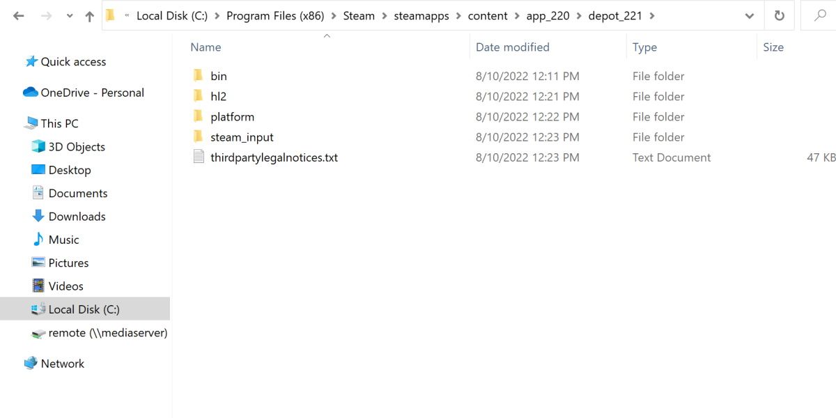 screenshot of half life 2 downgraded files