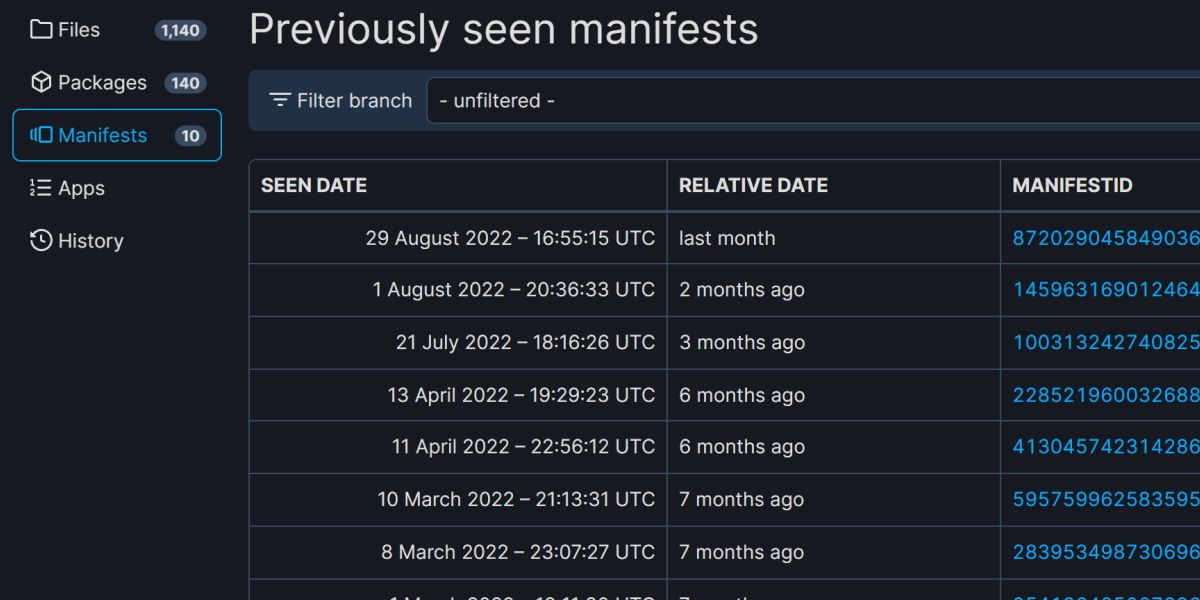 screenshot of half life 2 steamdb manifests page