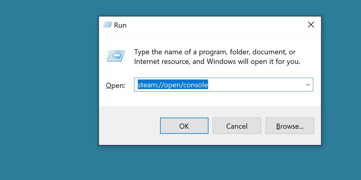 screenshot of run command dialog opening steam console