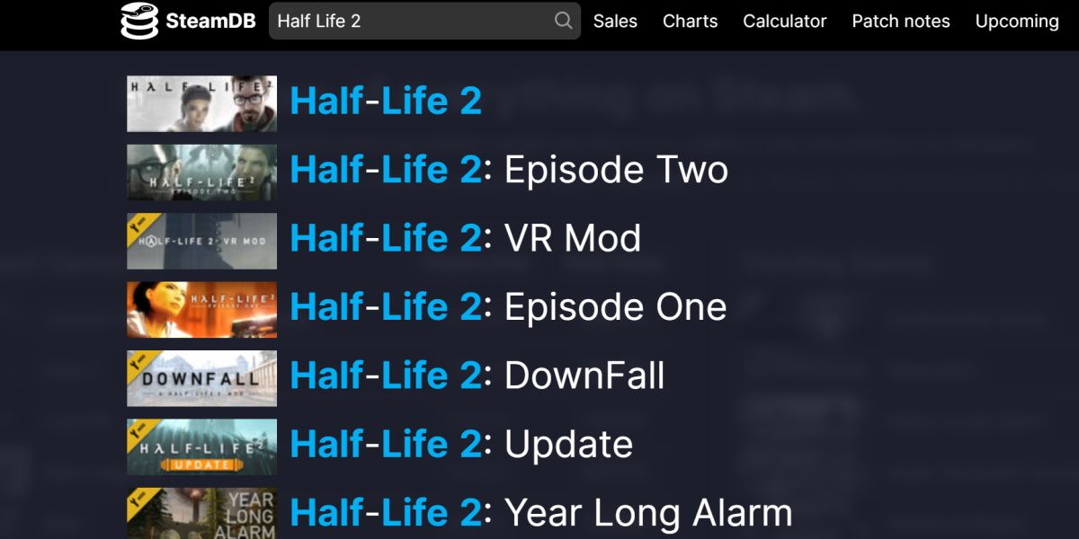 screenshot of steamdb searching for half life 2