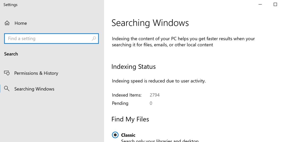 screenshot of windows search settings