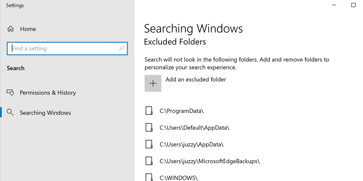 screenshot of windows search settings excluded folders
