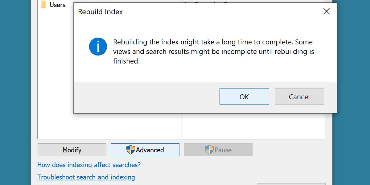screenshot of rebuilding the windows search index