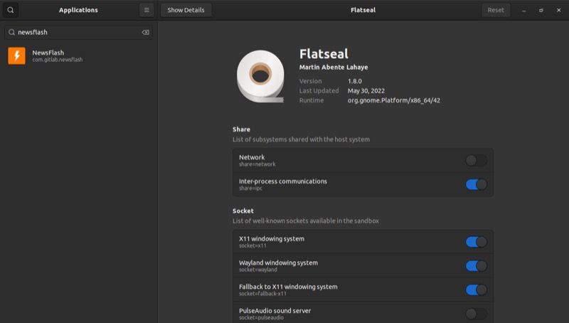 جستجو برای یک برنامه flatpak در flatseal