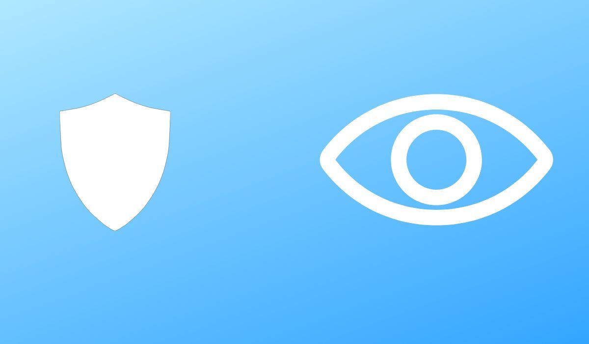 Graphic illustrations of a shield and an eye seen on light blue background
