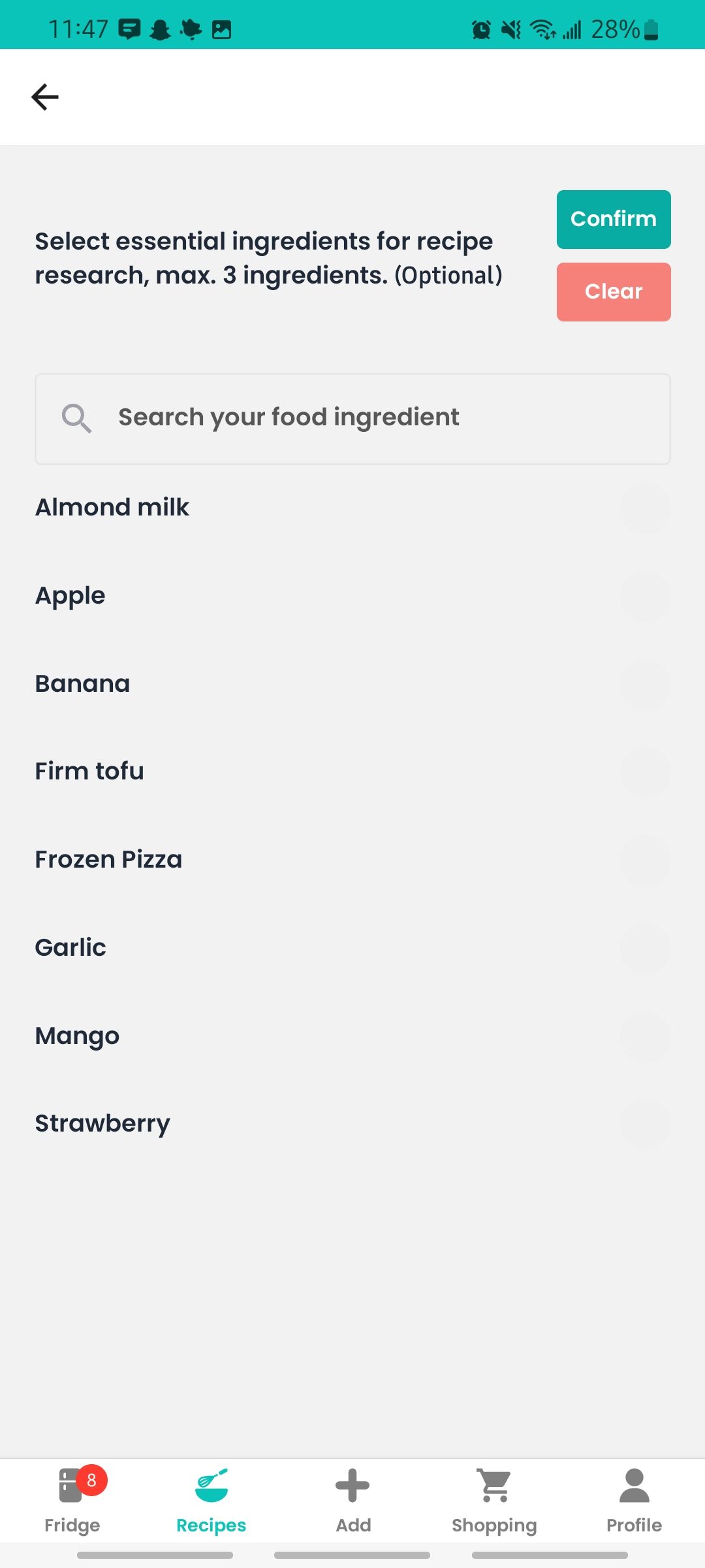 selecting essential ingredients for recipe research in emptymyfridge app