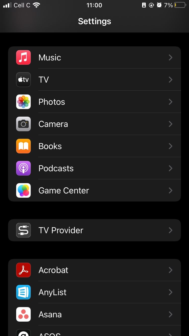 settings page on iphone