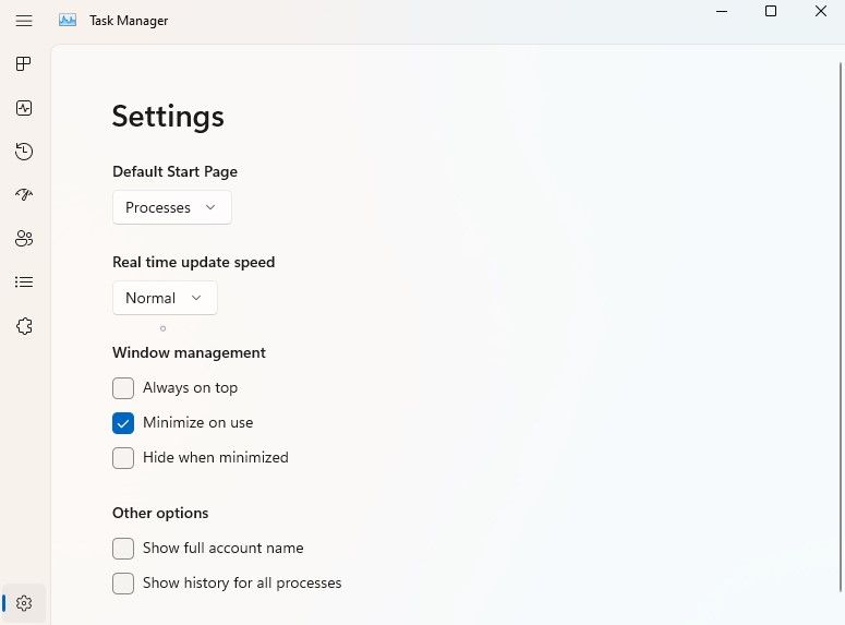 the settings section in the task manager