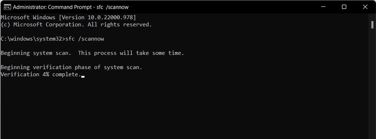 Running an SFC scan in Windows 11