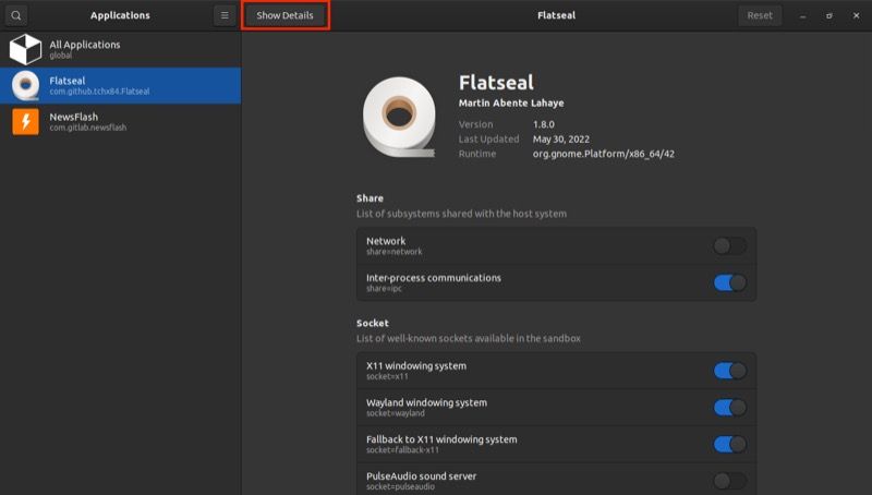 نشان دادن گزینه بیشتر در flatseal