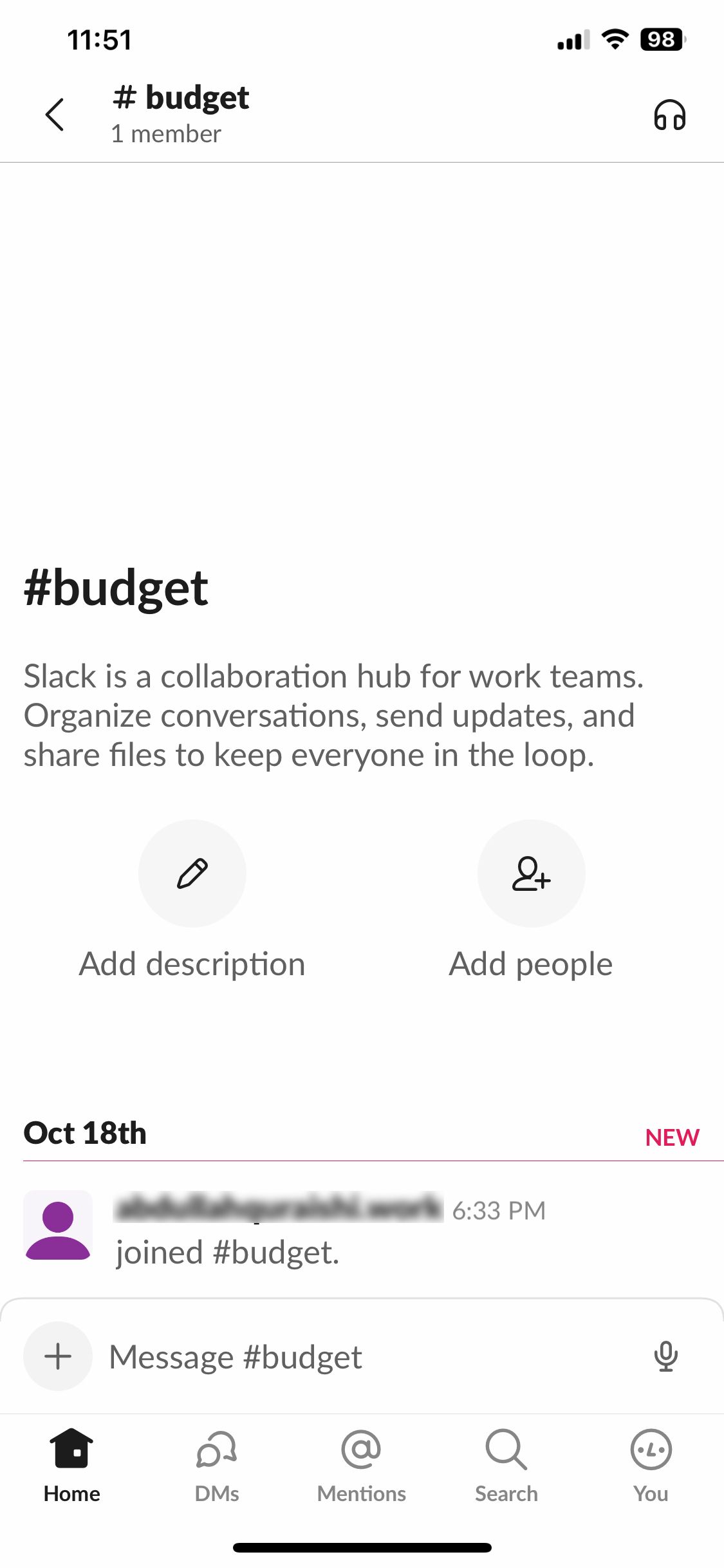 Budget tag on Slack Messenger app for iPhone