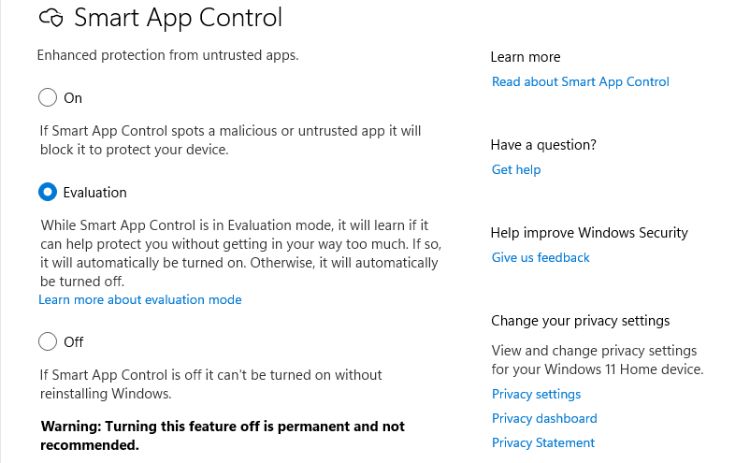 The smart app control settings in Windows 11