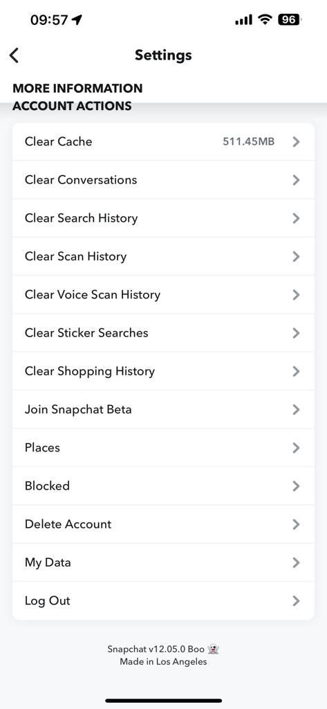 Screenshot showing Snapchat's settings