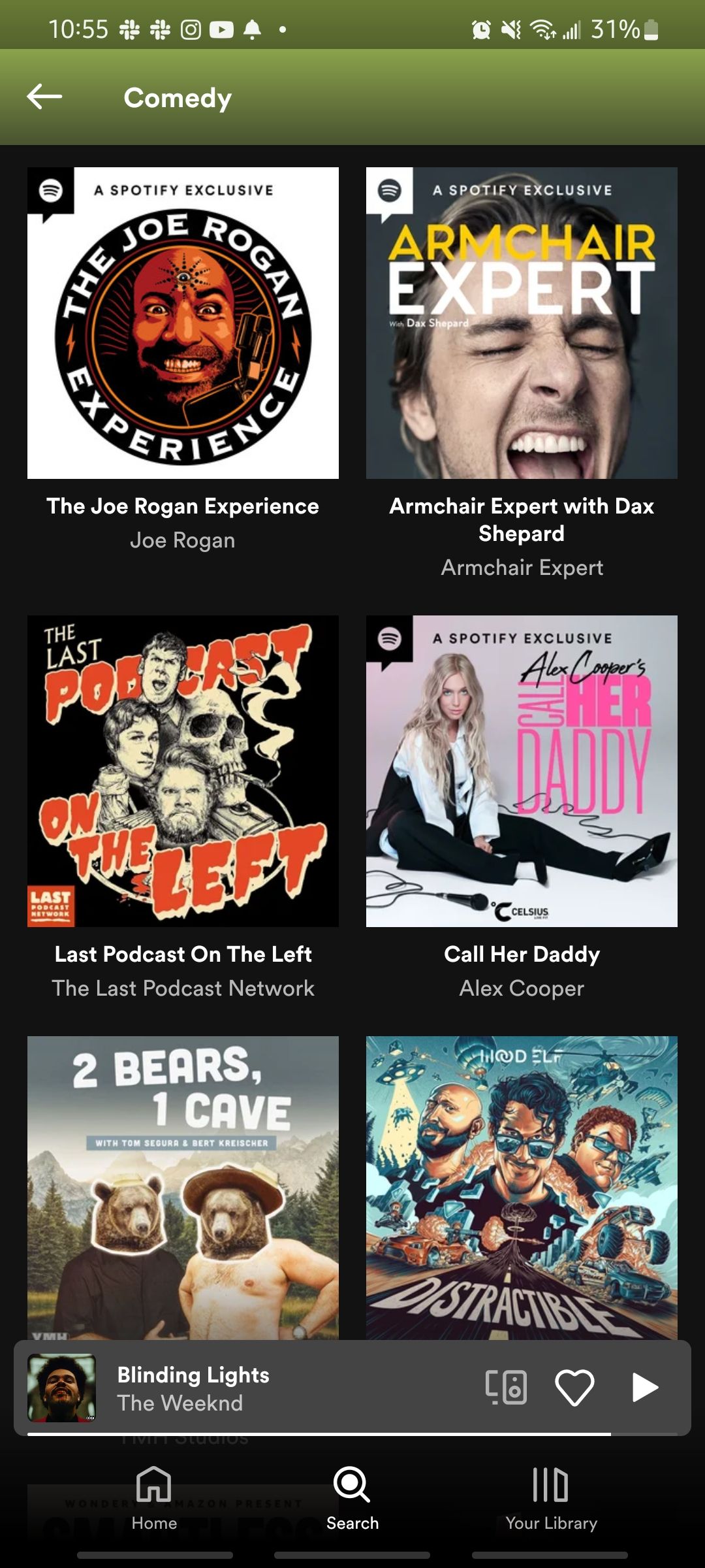 spotify app showing various comedy podcasts