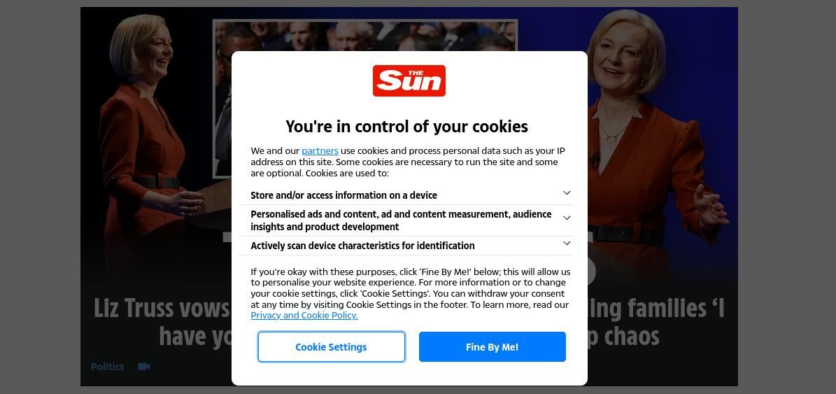 cookie consent form on thesun.co.uk