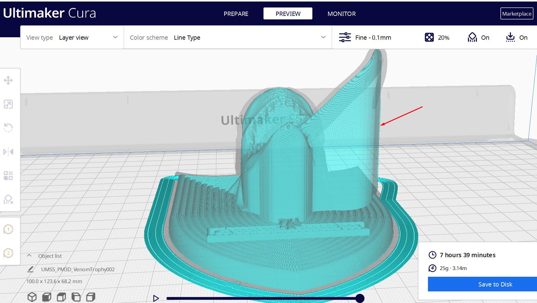 3D printing supports added to one section of a model
