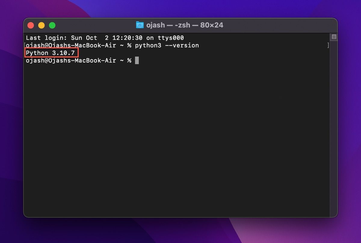 Terminal macOS mostrando a versão instalada do Python 3
