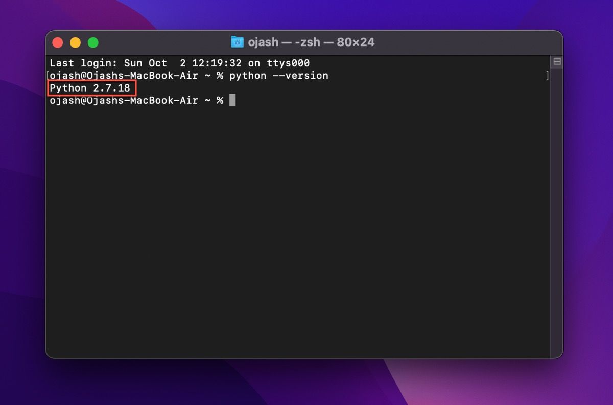 Terminal macOS mostrando a versão Python instalada