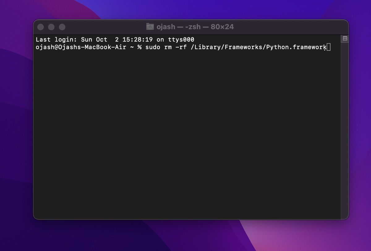 terminal com comando para excluir python no mac