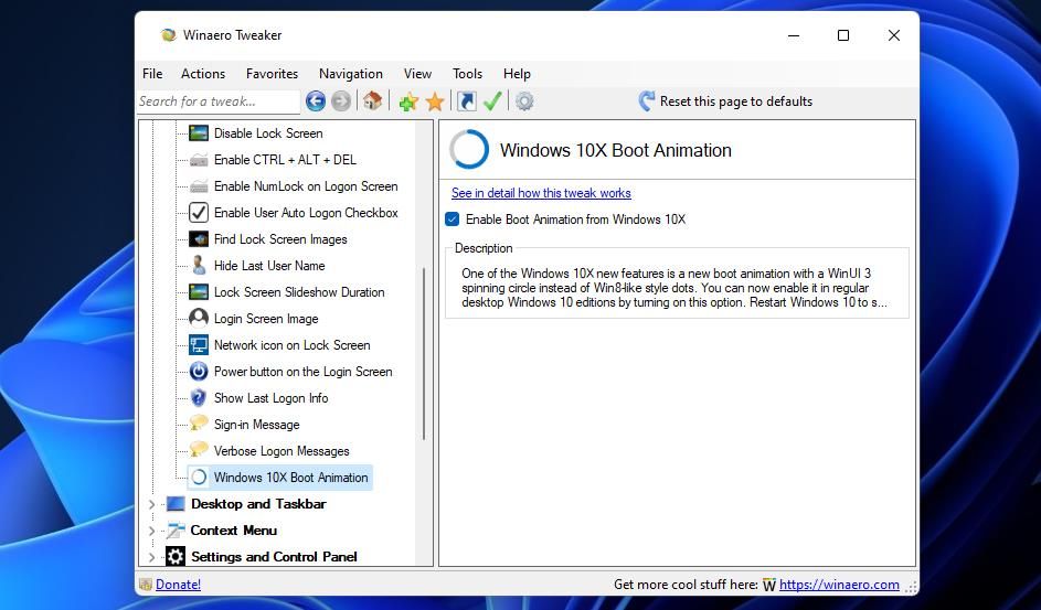 The Windows 10X Boot Animation option