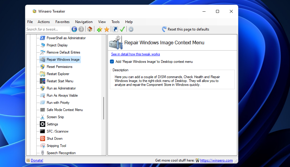 The Repair Windows Image context menu option in Winaero Tweaker