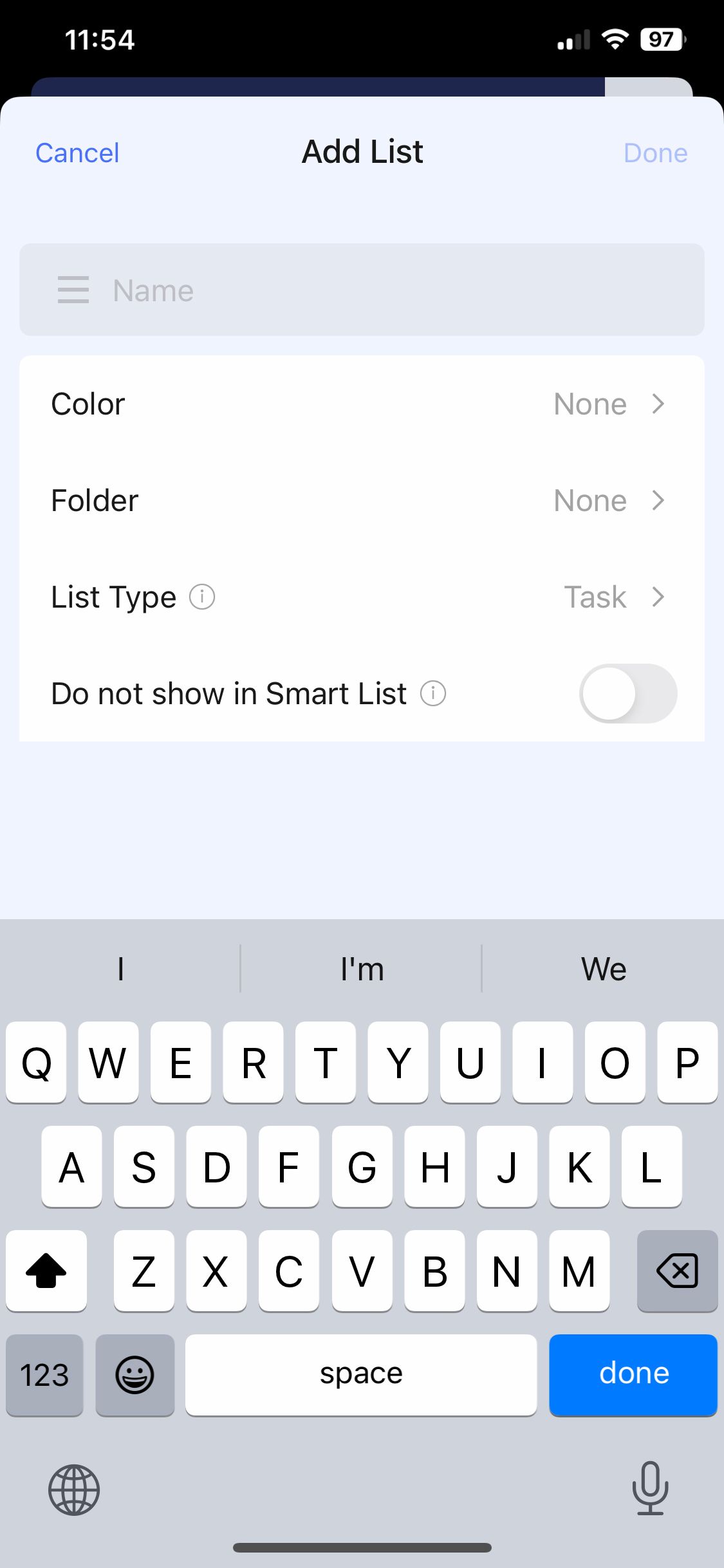 Add list on TickTick for iPhone