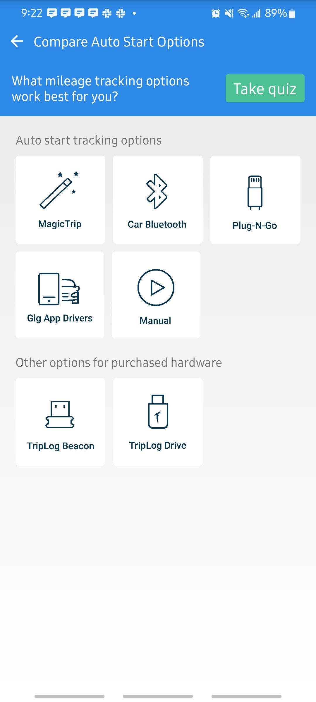 triplog app comparing auto start options for ease