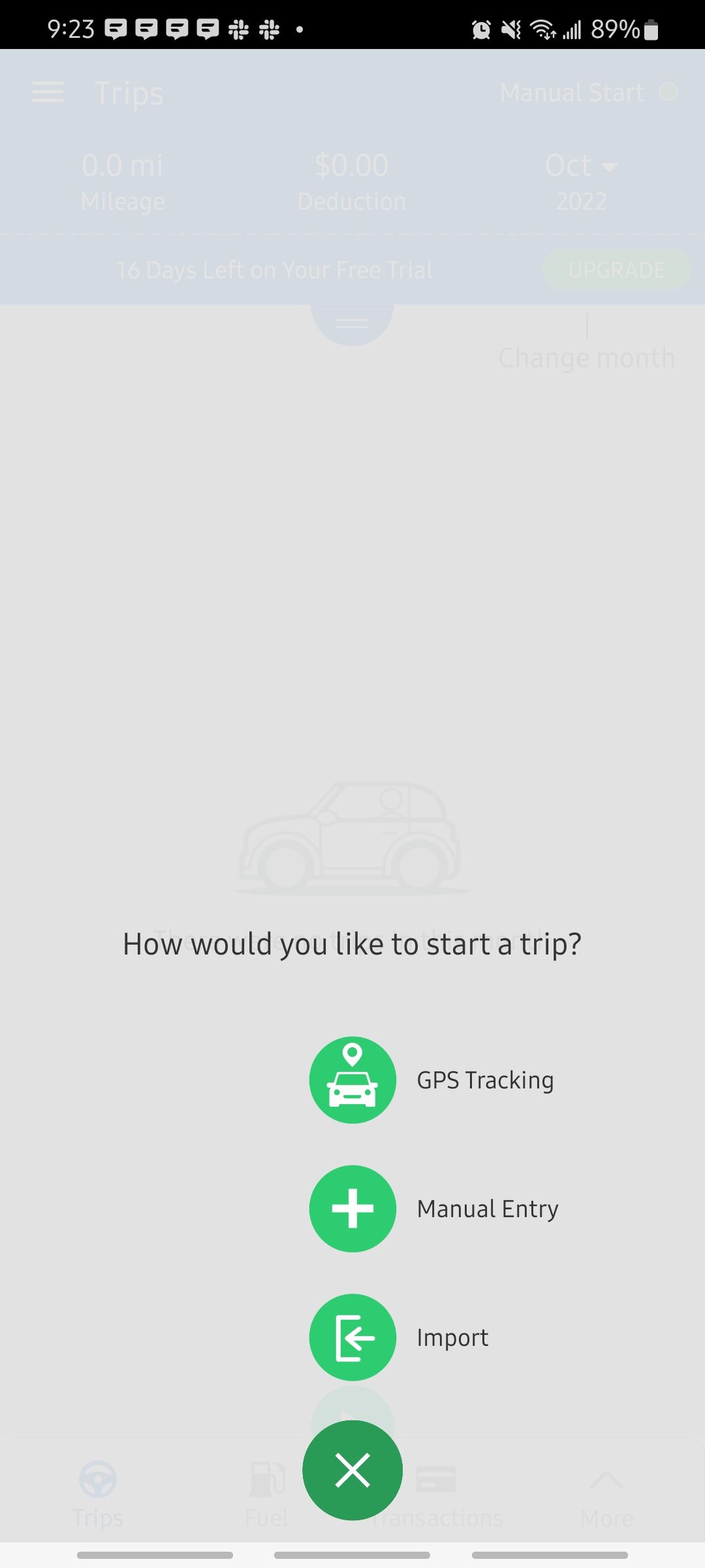 triplog app starting a trip