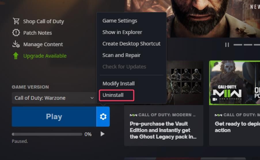 The Uninstall option