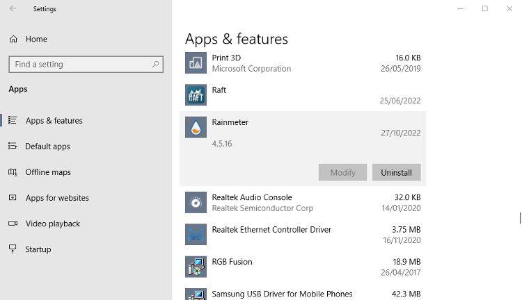 Uninstalling Rainmeter in Windows 10 settings