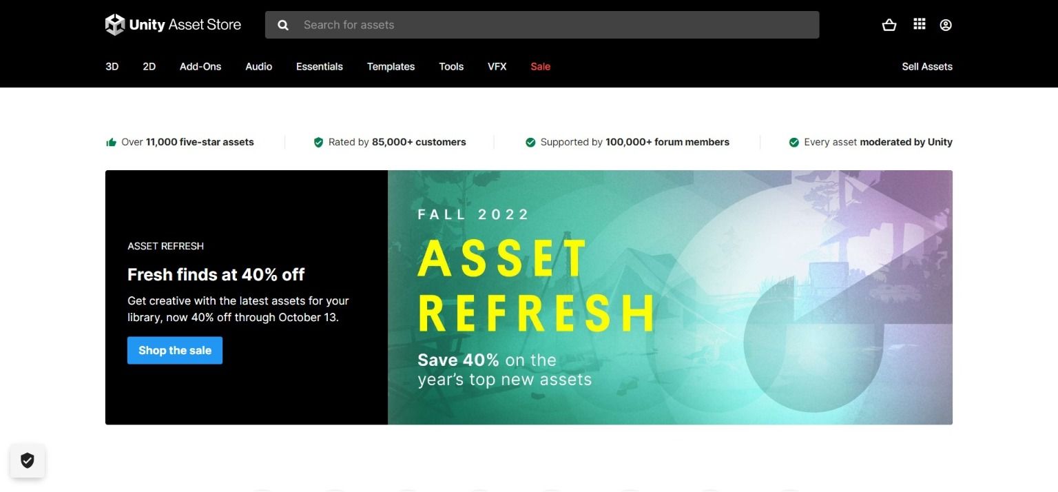 صفحه اصلی فروشگاه Unity Asset