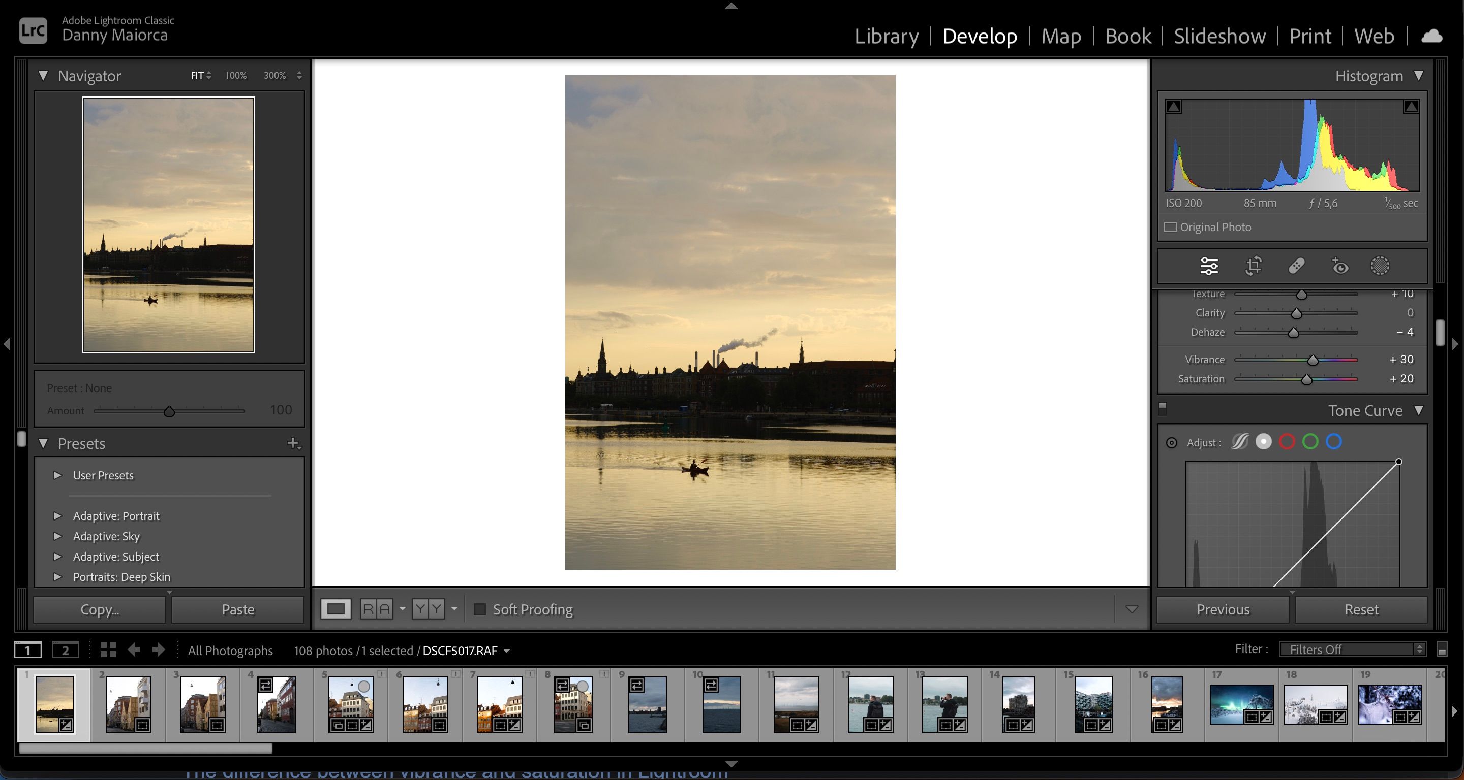Screenshot showing vibrance and saturation sliders in Adobe Lightroom