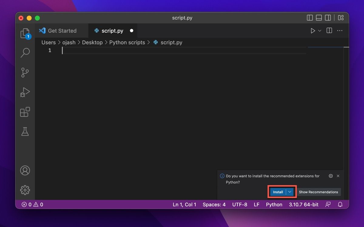 código do visual studio aparece para instalar a extensão python