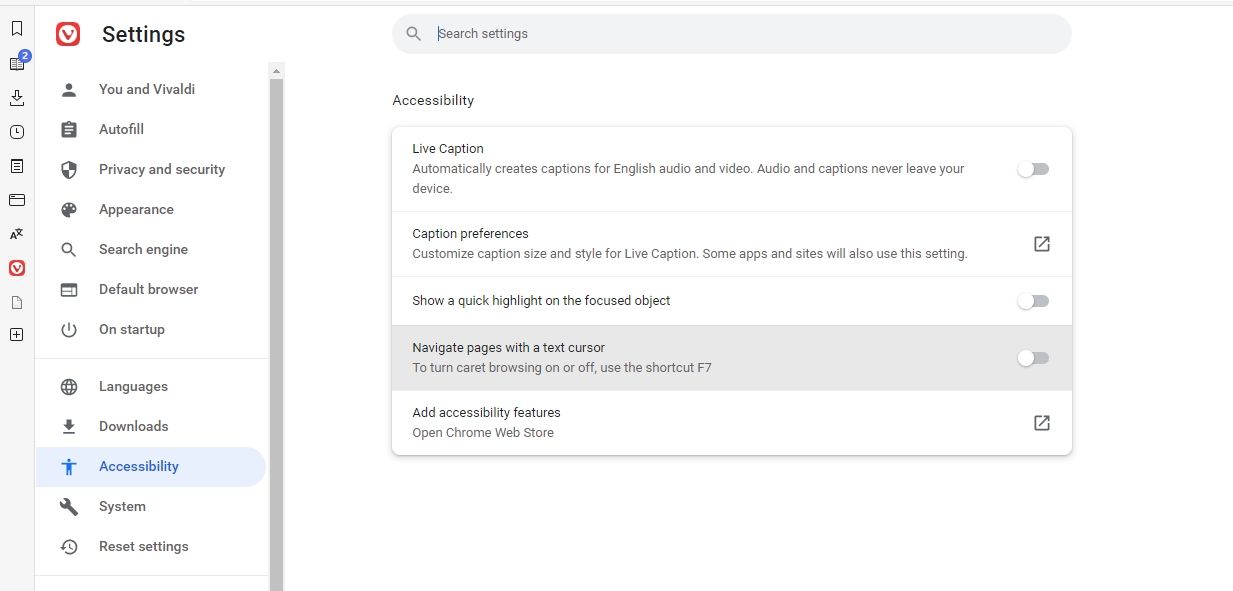 vivaldi accessibility settings screenshot