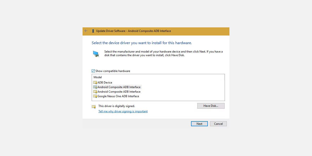 Manual install ADB driver in Windows 10