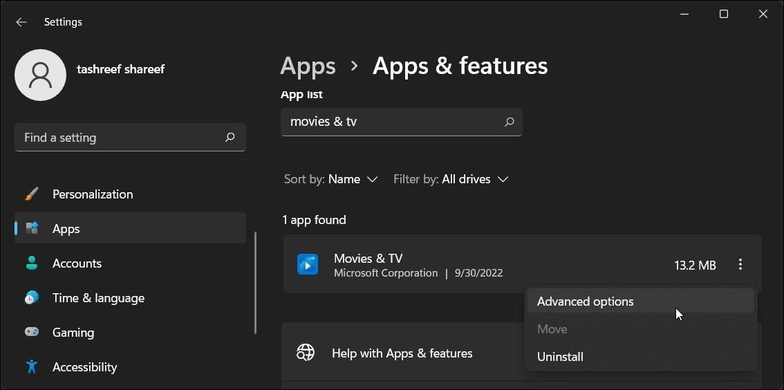 windows 11 apps movies and tv advanced options