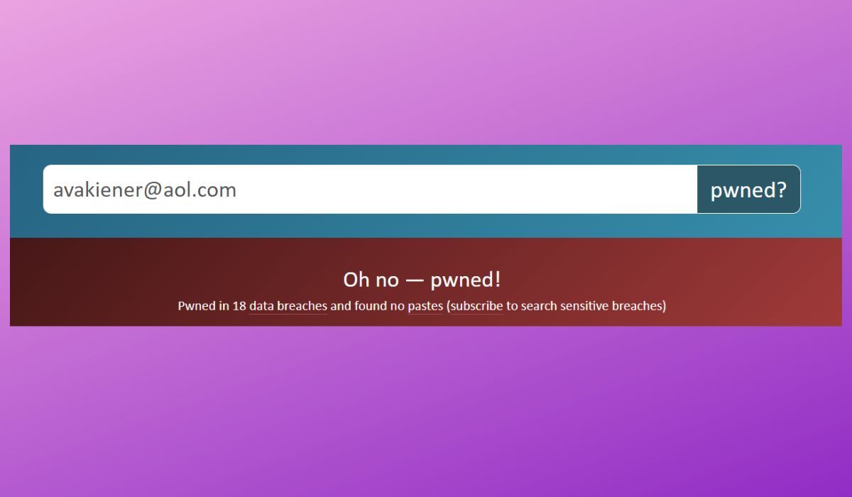 Screenshot of a have I been pwned result seen on purple background