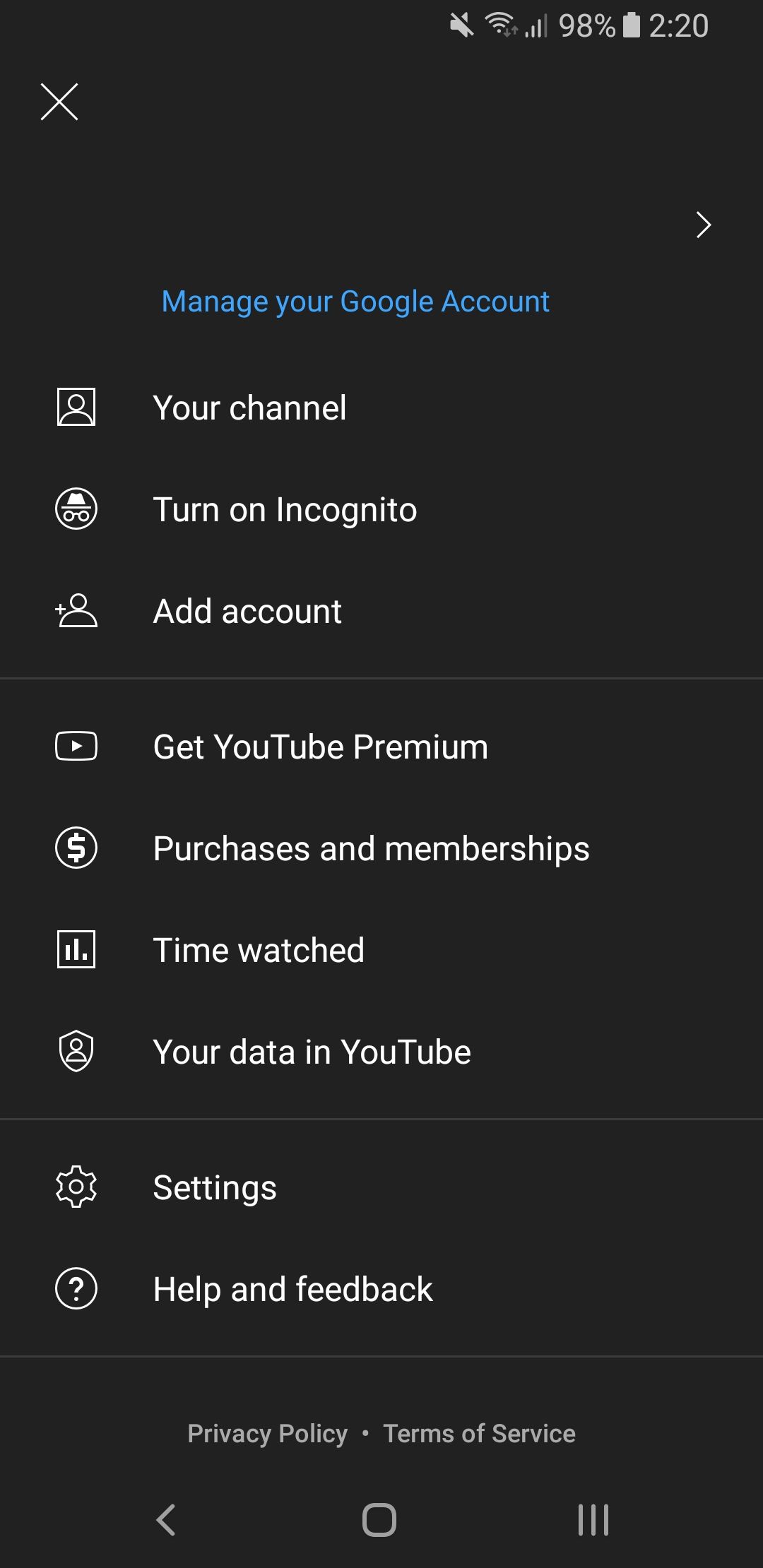 youtube android menu