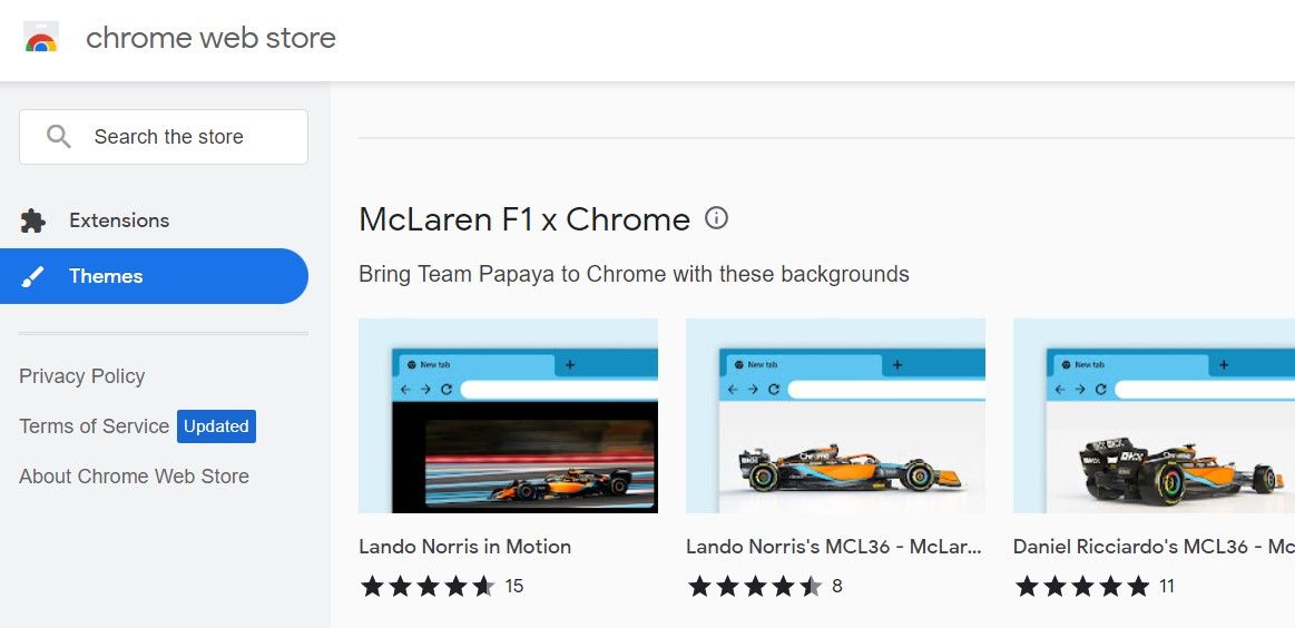 Chrome Web Store Theme Page showing McLaren F1 Themes